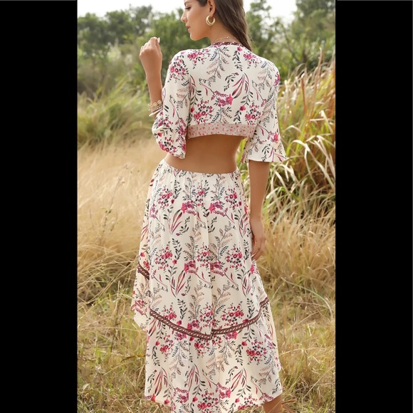 (Last 1)Boho cream floral print ruffle cutout dres - Picture 2 of 9